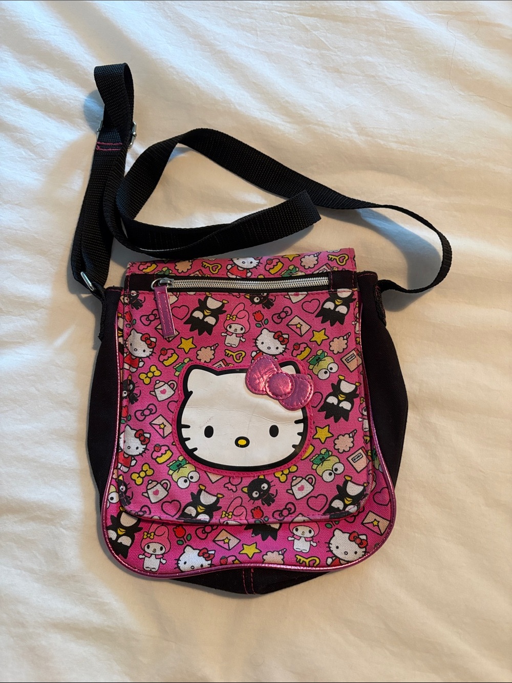 Hello Kitty Hot Pink Printed Crossbody Bag with Black Strap